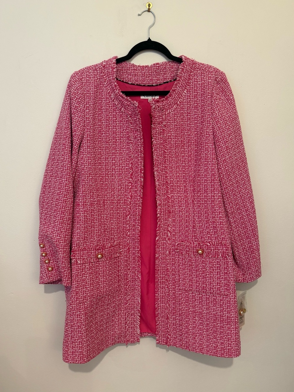 Nanette Lepore Hot Pink Tweed Long Collarless Blazer